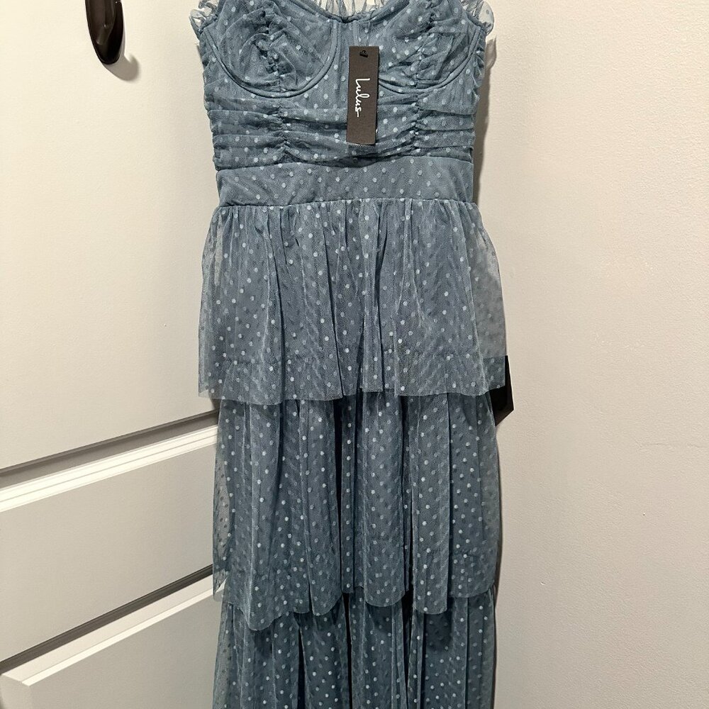 Lulu's Slate Blue Polka Dot Tiered Midi Dress - Picture 2 of 3